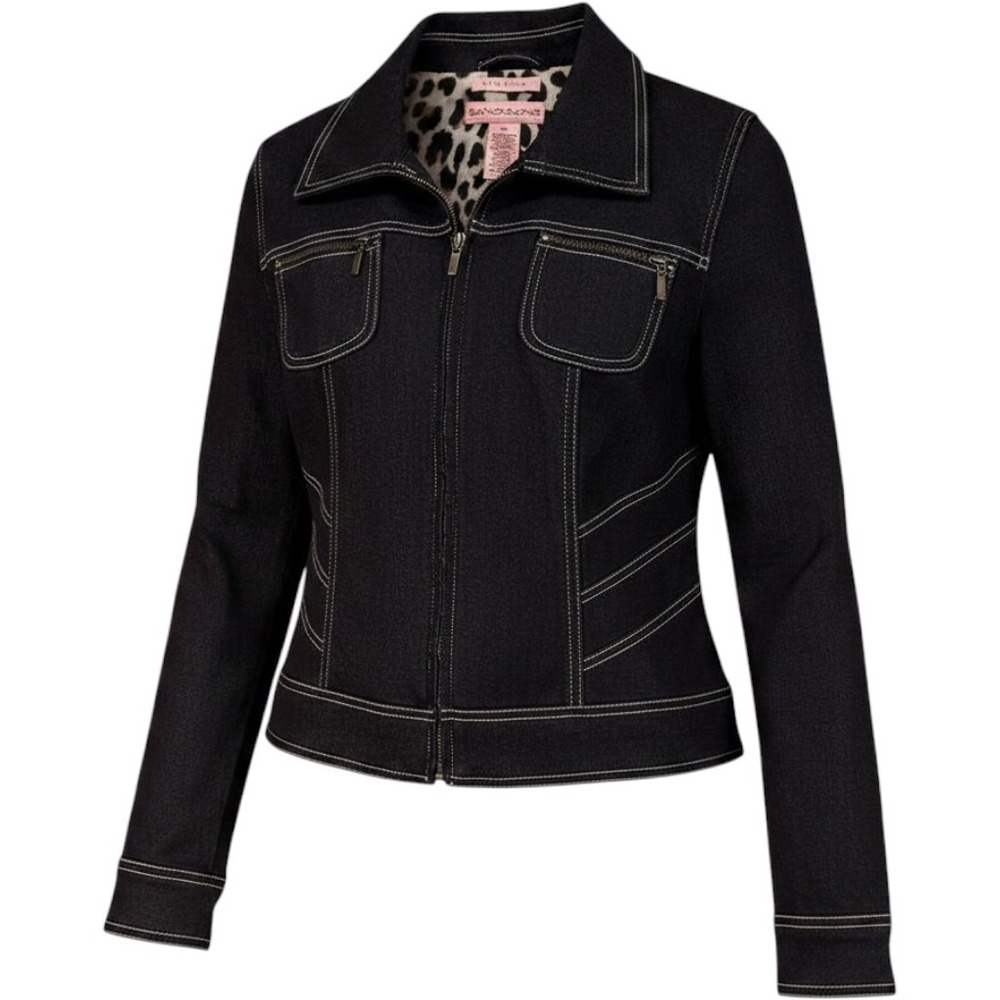 Bandolino Denim Jacket Womens 6 Black Y2K Biker Moto Animal Print Mob Wife Edgy